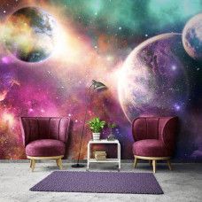 Eine Fototapete mit Planeten und Sternen in einer kosmischen Weltraumumgebung, ideal für ein Wohnzimmer.