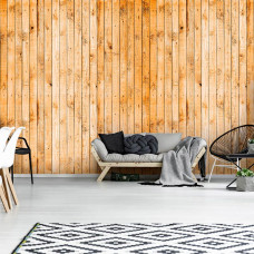 Eine Fototapete mit Holzregalen in warmen Brauntönen, ideal für ein Schlafzimmer, Büro oder Wohnzimmer.