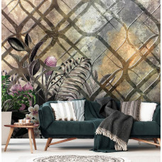 Eine abstrakte Fototapete mit Pflanzen und Blumenornamenten, zu sehen im Wohnzimmer.