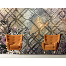 Eine abstrakte Fototapete mit Pflanzen und Blumenornamenten, zu sehen im Schlafzimmer und Wohnzimmer.