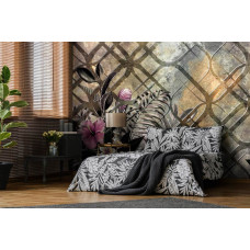 Eine abstrakte Fototapete mit Pflanzen und Blumenornamenten, zu sehen im Schlafzimmer.