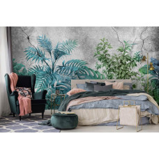 Eine industrielle Fototapete von Pflanzen auf einer Betonwand mit grünem Dschungel-Look im Schlafzimmer gesehen.