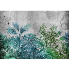 Fototapete Pflanzen auf Beton, grüner Dschungel vor einem industriellen Hintergrund.