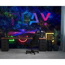 Fotobehang met PlayStation-symbolen in neonlicht en het woord Play, toegepast in een moderne gamekamer met blauwe accenten.
