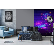 Eine Fototapete mit einem coolen Design aus Neonbuchstaben und Controllern, geeignet für ein Spielzimmer.