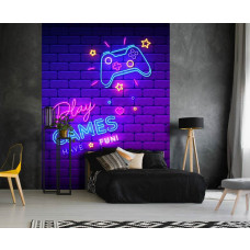 Eine Fototapete mit Neonbuchstaben und einem Spielcontroller, ideal für ein Spielzimmer in einem Kinderzimmer.