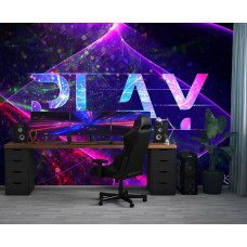 Fotobehang met paarse neonlichten en het woord Play, toegepast in een moderne gamekamer met sfeervolle verlichting.