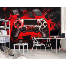 Eine Fototapete mit einem Playstation-Controller in einem 3D-Design, geeignet für ein Spielzimmer.