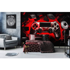 Eine Fototapete mit einem Playstation-Controller in einem 3D-Spiele-Design, geeignet für ein Kinderzimmer.