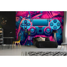 Eine Fototapete mit einem PlayStation-Gamecontroller in einem Gaming-Zimmer und Schlafzimmer.
