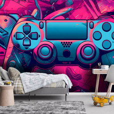 Eine Fototapete mit einem PlayStation-Gamecontroller in einem Kinderzimmer.