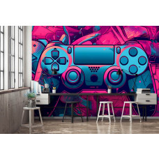 Eine Fototapete mit einem PlayStation-Gamecontroller auf Vliestapete in einem Gaming-Zimmer.