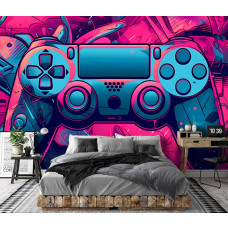 Eine Fototapete mit einem PlayStation-Gamecontroller auf Vliestapete in einem Schlafzimmer.