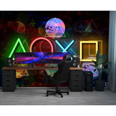 Fotobehang met PlayStation-iconen in neonlicht, geplaatst in een gamekamer met een donkere, high-tech uitstraling.
