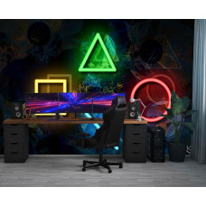 Fotobehang met PlayStation-iconen in felle neonkleuren, geplaatst in een ruitvorm en toegepast in een moderne gamekamer.
