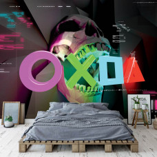 Eine Vliestapete mit dunklen und intensiven Gaming-Elementen, perfekt für ein Schlafzimmer.