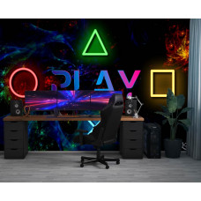 Fotobehang met PlayStation-symbolen en het woord Play in neonstijl, geplaatst in een gamekamer met een futuristische galaxysfeer.