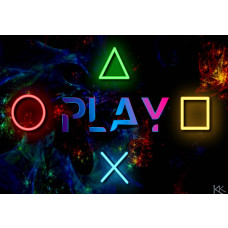 Fotobehang met het woord Play in het midden en neonverlichte PlayStation-symbolen in een ruitvorm op een galactische achtergrond.
