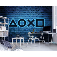Fototapete eines Playstation-Neonspiels mit futuristischem Design in einem Spielzimmer.
