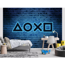 Fototapete eines Playstation-Neonspiels in einem interaktiven Kinderzimmer.