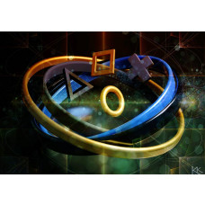 Fotobehang met de PlayStation-symbolen in het midden van drie ringen, geplaatst in een futuristisch universum.