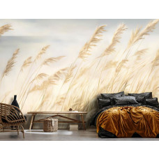 Fotobehang van sierlijke pluimen in een kalme slaapkamer met natuurlijke tinten.