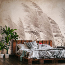 Fototapete mit detaillierten Federn im Vintage-Stil. Diese Fototapete schafft ein ruhiges und elegantes Ambiente in einem Schlafzimmer.