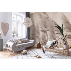 Fototapete mit Federn im Vintage-Stil. Diese Fototapete bringt eine warme und stilvolle Atmosphäre in ein Wohnzimmer.