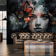 Eine Fototapete mit einem Porträt weiblicher Eleganz und Schmetterlingsträumen in einer Männerhöhle.