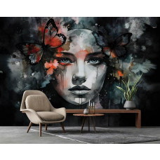Eine Fototapete mit einem Porträt weiblicher Eleganz und Schmetterlingsträumen in einem Wohnzimmer auf Vliestapete.