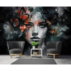 Eine Fototapete mit einem Porträt weiblicher Eleganz und Schmetterlingsträumen in einem Wohnzimmer.