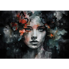 Porträt weiblicher Eleganz und Träume mit Schmetterlingen, stimmungsvoll dargestellt auf einer kunstvollen Fototapete.