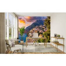Fototapete Positano bei Sonnenuntergang im Büro mit inspirierendem Meerblick.