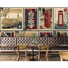 Eine Fototapete mit einer Sammlung von Briefmarken aus London, perfekt für einen Pub.