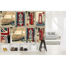 Eine Fototapete mit Londoner Briefmarken im Vliestapetenstil, geeignet für das Wohnzimmer.