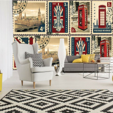 Eine Fototapete mit Briefmarken aus London, ideal für das Wohnzimmer.