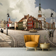 Eine Fototapete mit einem Panorama von Poznan, Polen, mit monumentalen Gebäuden.