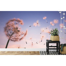 Eine Fototapete mit einer atemberaubenden Pusteblume, abgebildet in einem Schlafzimmer und Wohnzimmer.