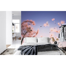 Eine Fototapete mit einer schönen Pusteblume in einer ruhigen Atmosphäre, abgebildet in einem Schlafzimmer.