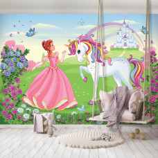 Eine Fototapete mit einer Prinzessin und einem Einhorn bei einem Märchenschloss im Babyzimmer.