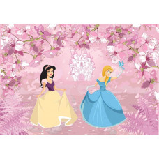 Fototapete mit einem Märchenschloss und Prinzessinnen, magisch und farbenfroh.