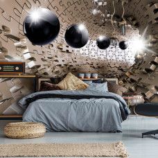 Eine Fototapete mit einem 3D-Puzzle mit runden Kugeln in einem abstrakten Tunnel für das Kinderzimmer.