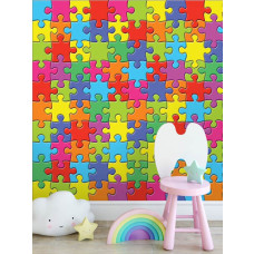 Eine Fototapete mit einem fröhlichen Regenbogen-Puzzle-Muster, perfekt für ein verspieltes Schlafzimmer.