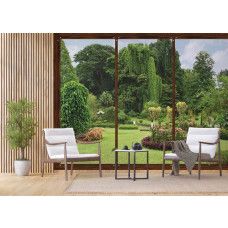 Fototapete mit Fensterblick auf einen botanischen Garten, mit prächtigen Pflanzen und Blumen für eine beruhigende, natürliche Stimmung im Geschäftsraum.