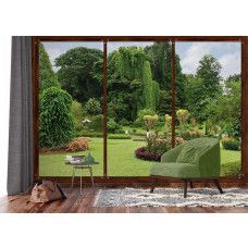 Fototapete mit Fensterblick auf einen botanischen Garten, dessen üppiges Grün und farbenfrohe Pflanzen eine stilvolle Wohnzimmeratmosphäre erzeugen.