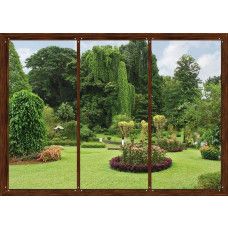 Fototapete mit Fensterblick auf einen botanischen Garten mit üppigem Grün und bunten Blumen, wodurch eine ruhige, natürliche Stimmung in jedem Raum entsteht.