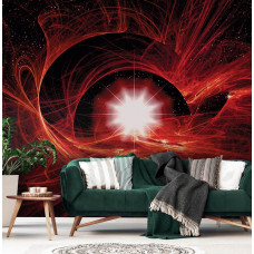 Eine Fototapete mit einer roten kosmischen Landschaft voller Sterne, geeignet für ein Wohnzimmer.