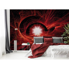 Eine Fototapete mit einem roten Universum mit Sternen und einem kosmischen Thema, speziell für ein Schlafzimmer.