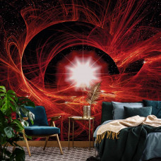 Eine Fototapete mit einem lebendigen roten Universum, perfekt für ein Wohnzimmer und ein Schlafzimmer.