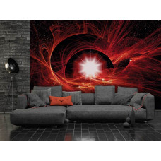 Eine Fototapete mit einem roten Raum mit einem Galaxie-Thema, ideal für ein Wohnzimmer.